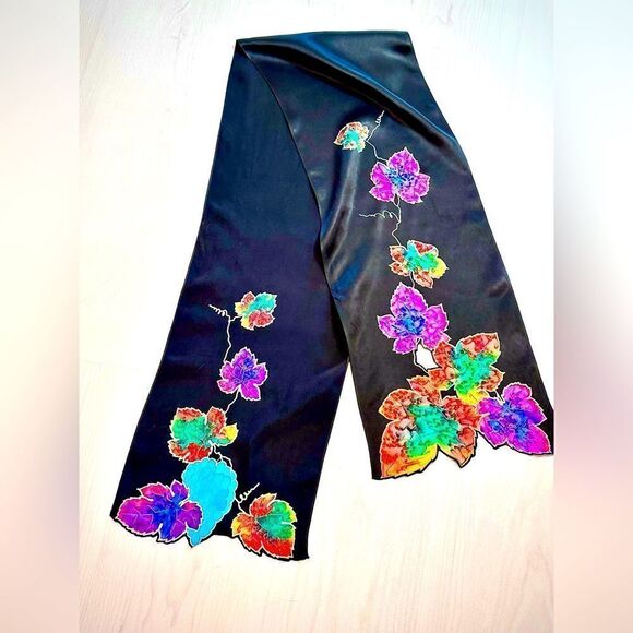 Vintage hand painted silk scarf fall leafs open work - black 10” x 64” - Picture 1 of 5